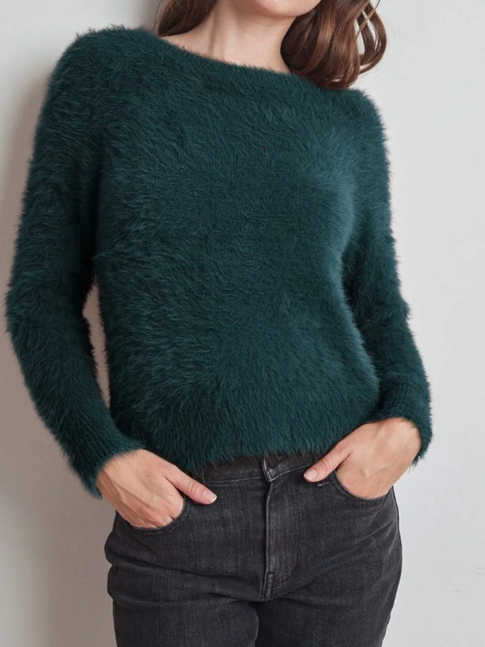 Velvet by Graham & Spencer Fuzzy Crewneck Sweater in Deep Teal